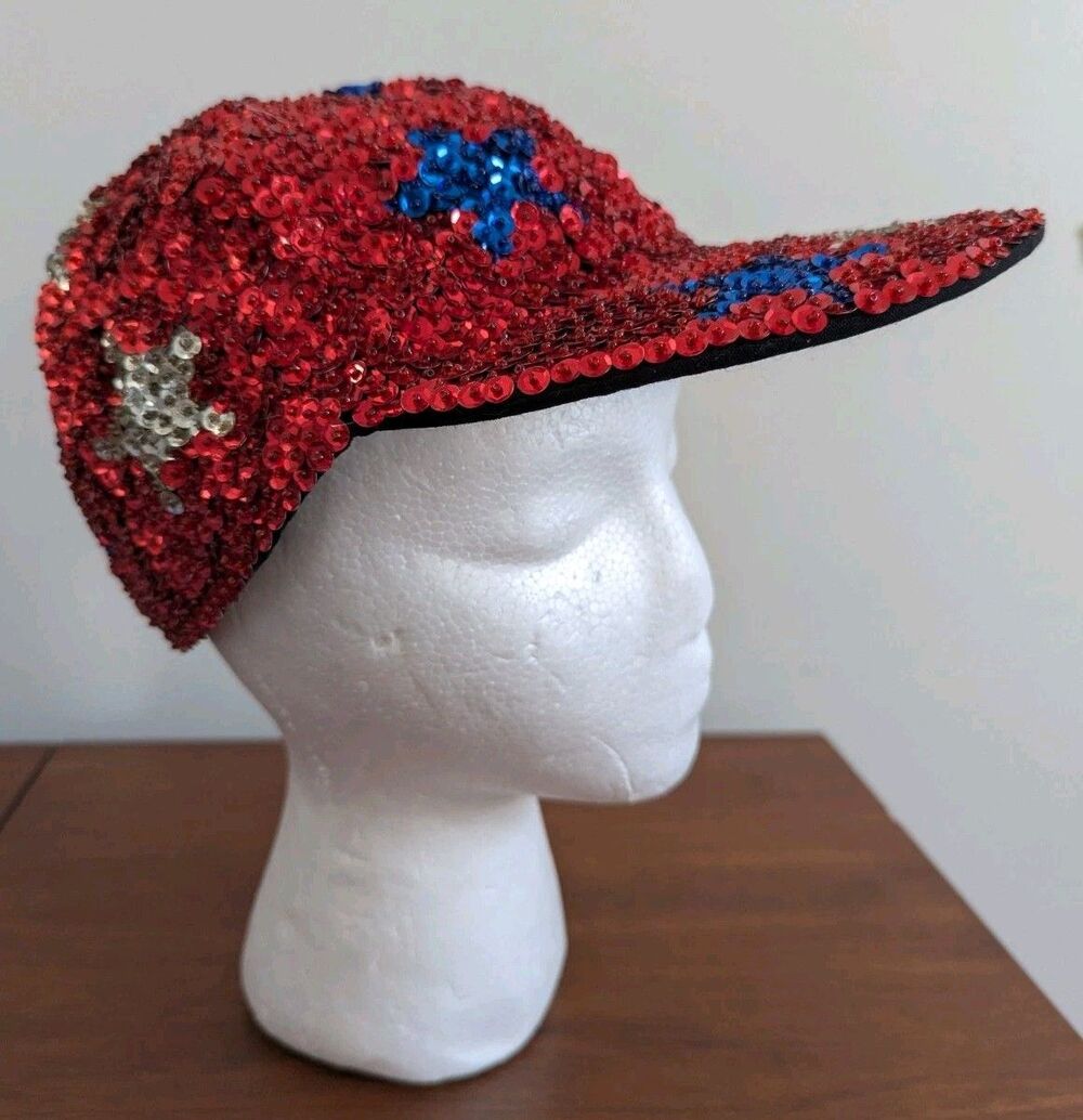 Vintage Sequin Baseball Cap Hat Patriotic Red White Blue Stars USA One Size NWT